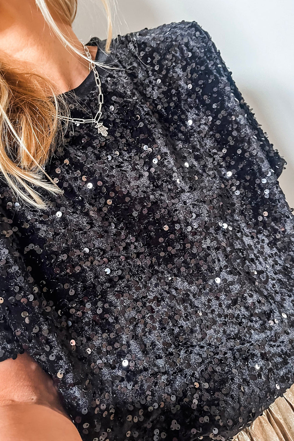 Black Sequin Holiday Crew Neck Sparkly T-Shirt