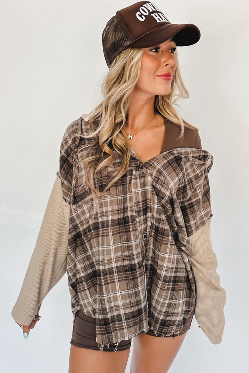 Khaki Plaid Patch Hooded Frayed Shacket