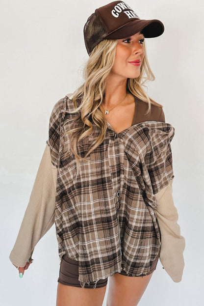 Khaki Plaid Patch Hooded Frayed Shacket