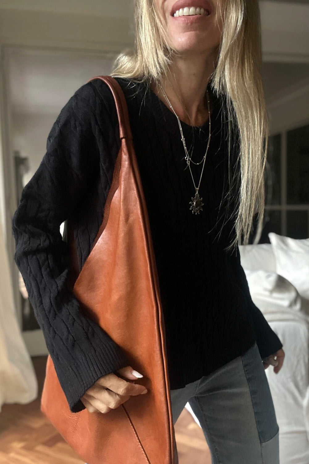 Black Drop Shoulder Cable Knit Round Neck Sweater