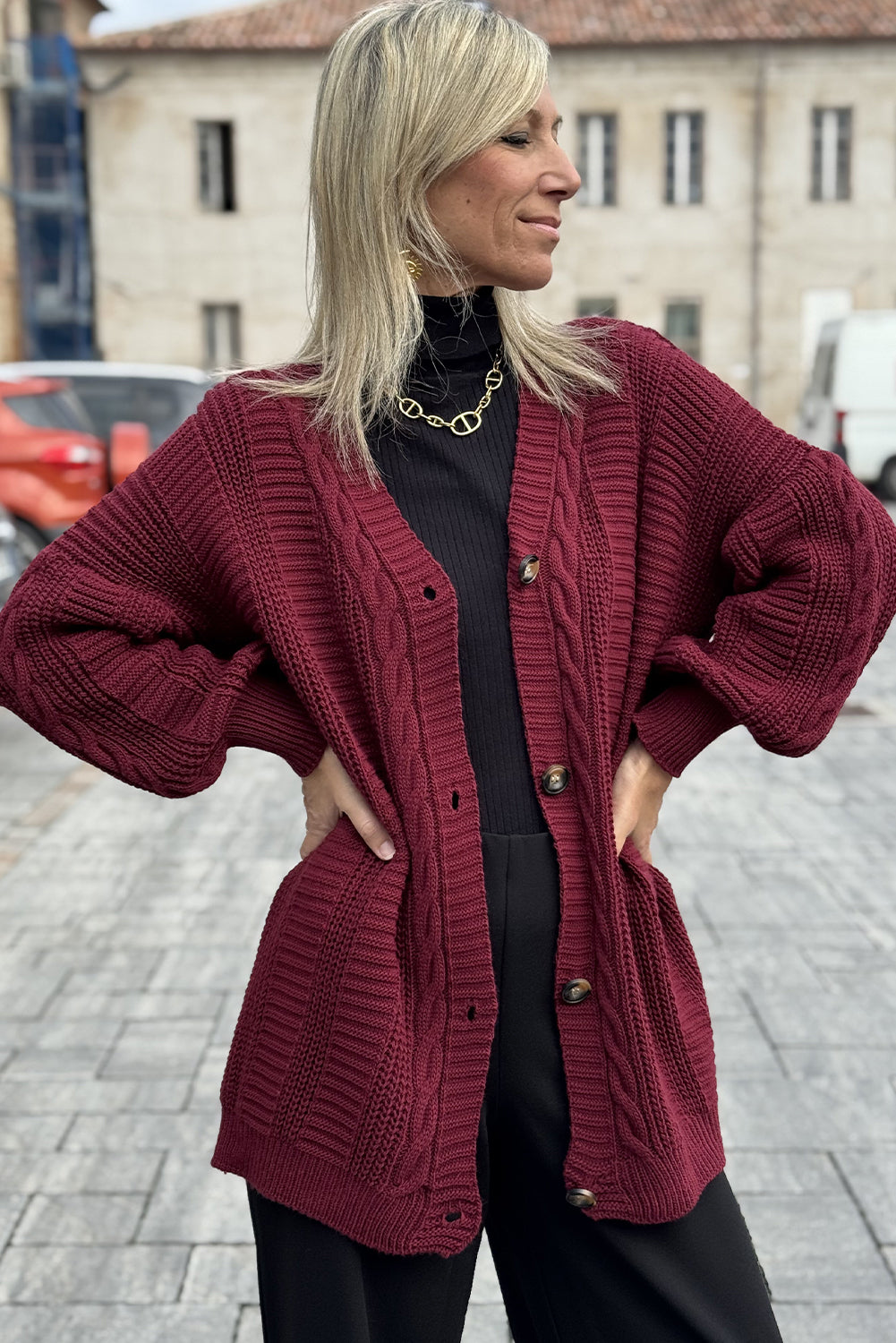 Burgundy Cable Knit Button V Neck Oversize Sweater Cardigan