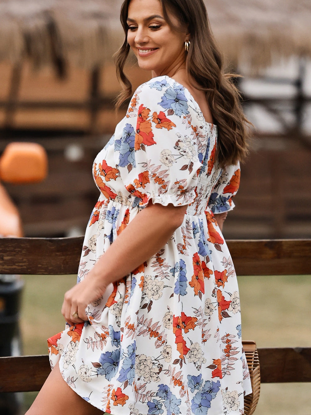 White Floral Smocked Flared Plus Size Dress