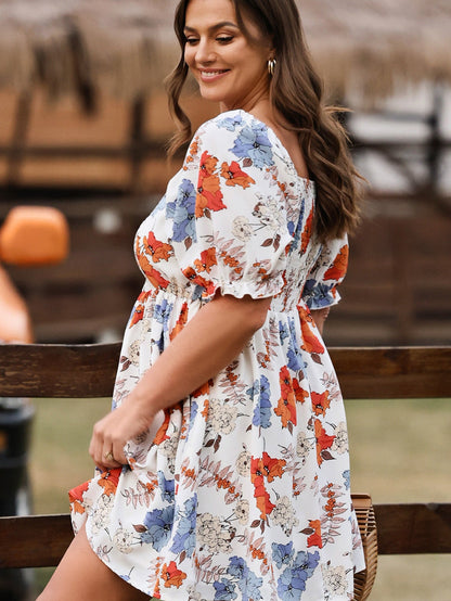 White Floral Smocked Flared Plus Size Dress