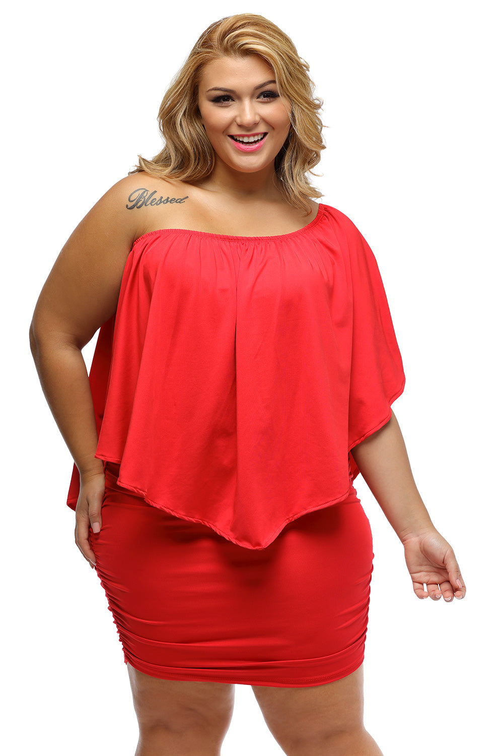 Fiery Red Plus Size Layered Mini Poncho Dress with Versatile Neckline