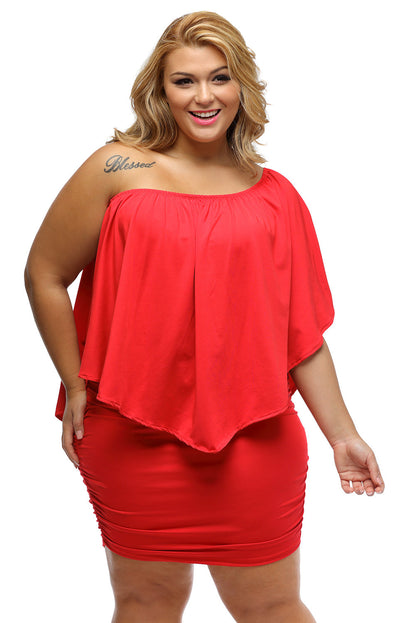 Fiery Red Plus Size Layered Mini Poncho Dress with Versatile Neckline