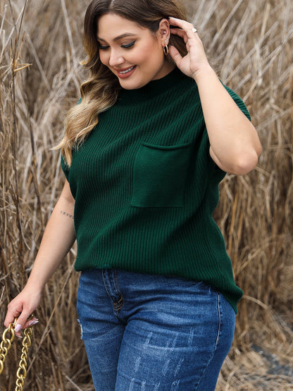 Jungle Green Plus Size Mock Neck Chest Pocket Short Sleeve Sweater