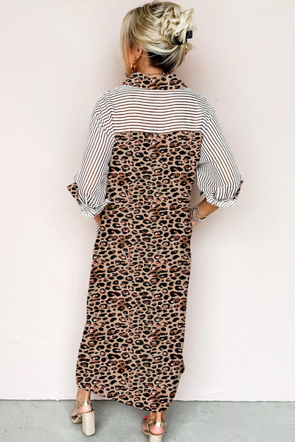 Brown Stripe Contrast Leopard Patchwork Long Shirt Dress