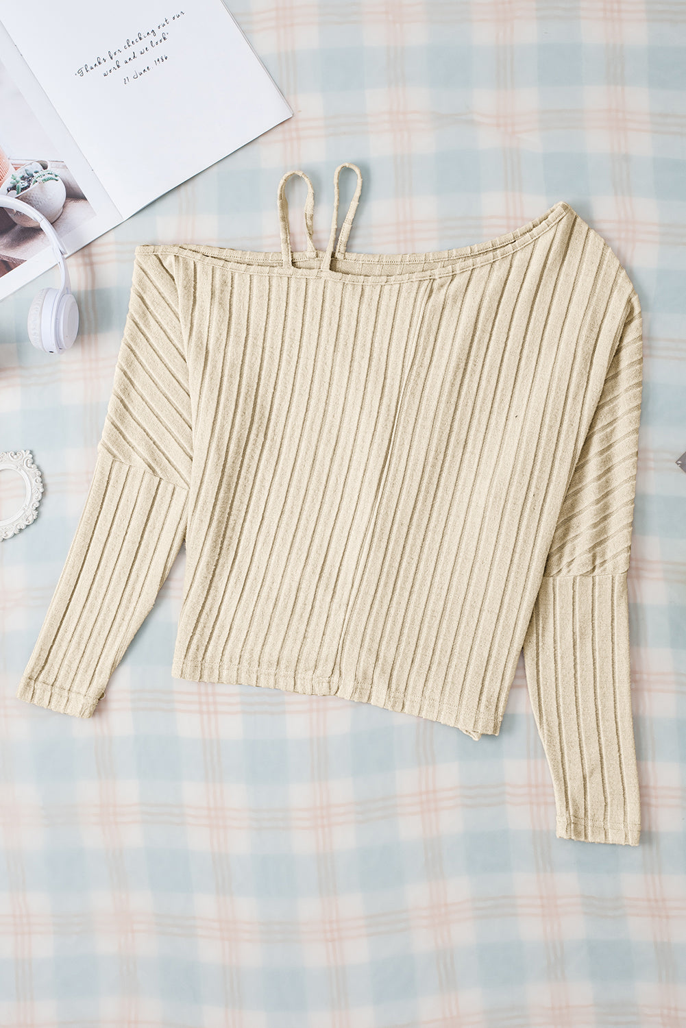 Apricot Twisted Cold Shoulder Ribbed Knit Top with Asymmetrical Neck