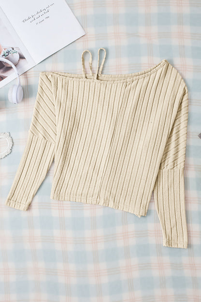 Apricot Twisted Cold Shoulder Ribbed Knit Top with Asymmetrical Neck
