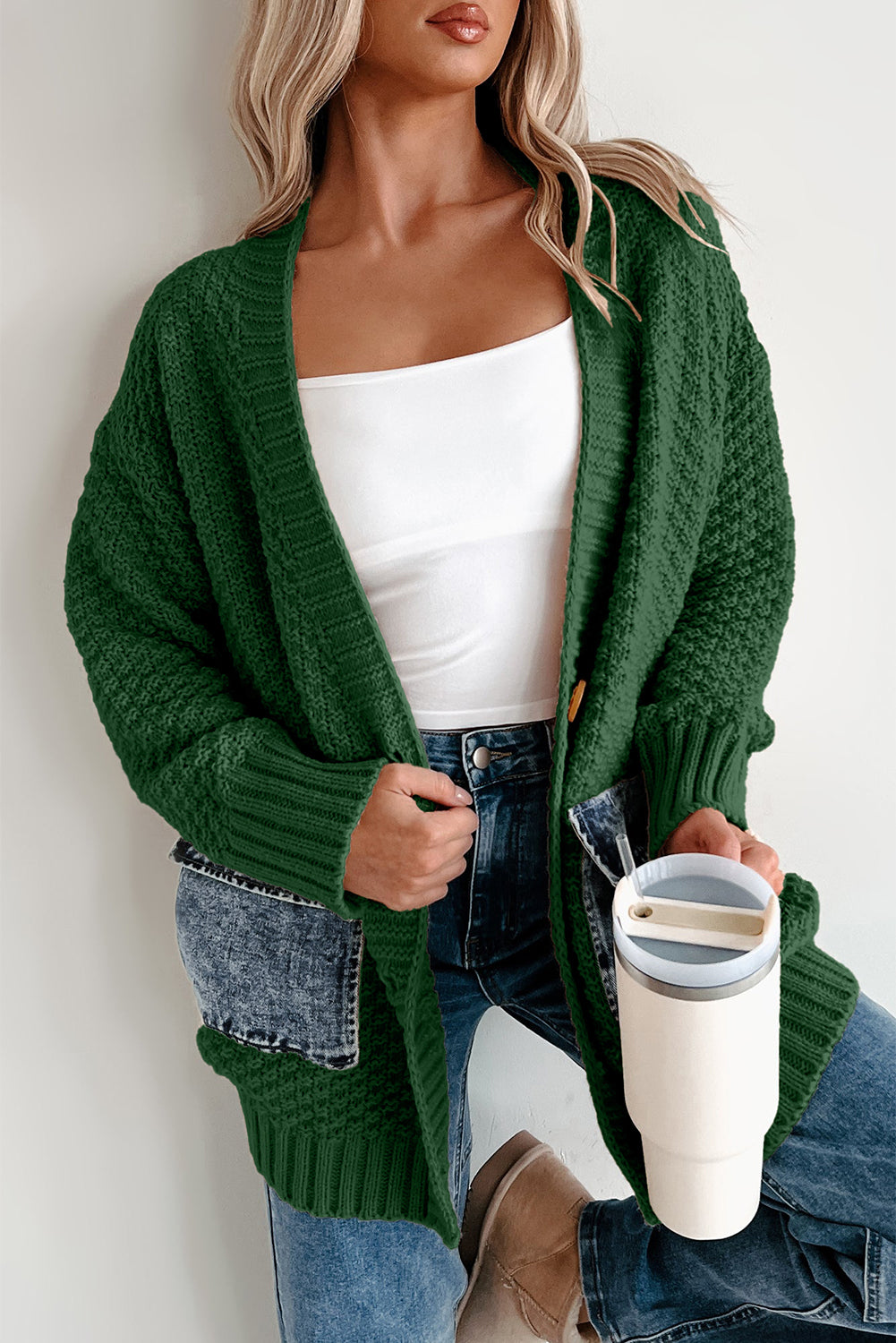 Blackish Green Open Front Knitted Denim Pocket Patchwork Cardigan