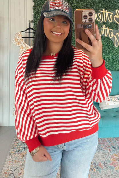 Red Stripe Plus Size Raw Seam Patchwork Baggy Long Sleeve Top