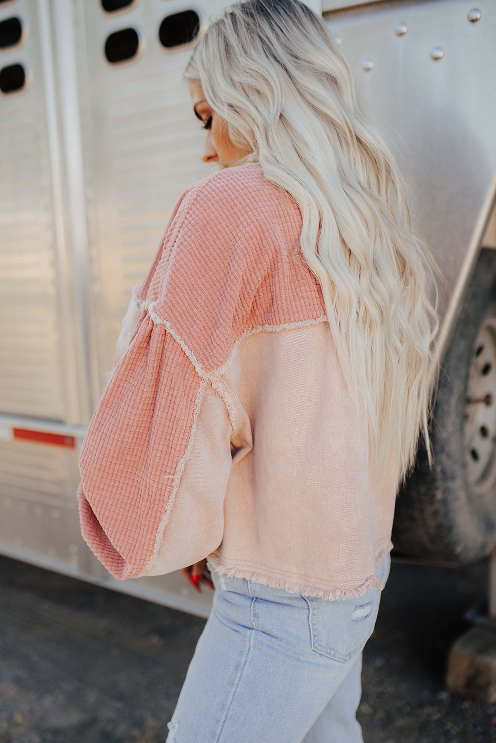 Delicacy Frayed Trim Textured Color Block Patchwork Raw Hem Jacket