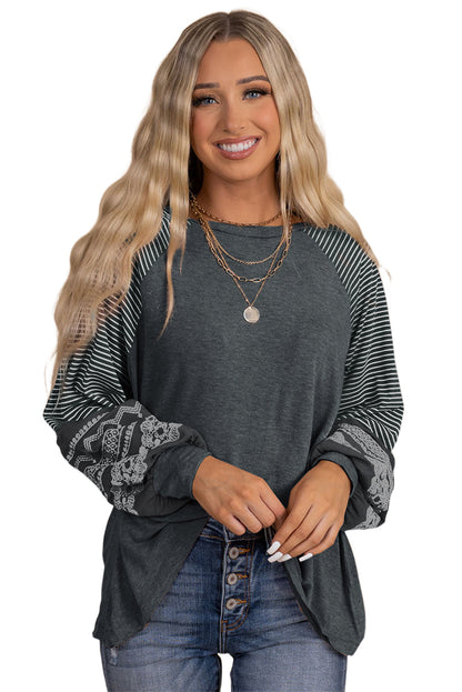 Medium Grey Contrast Print Striped Raglan Long Sleeve Loose Top