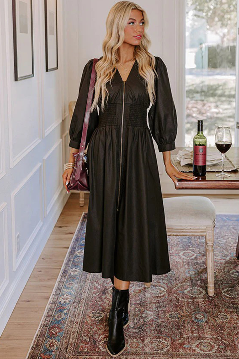 Black Smocked Waist Zipped Front Bracelet Sleeve Fit Flare Midi Dress