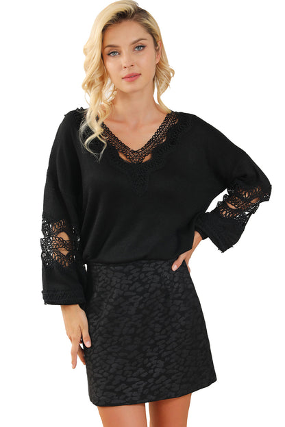 Elegant Black Lace V-Neck Knit Sweater with Hollow Details