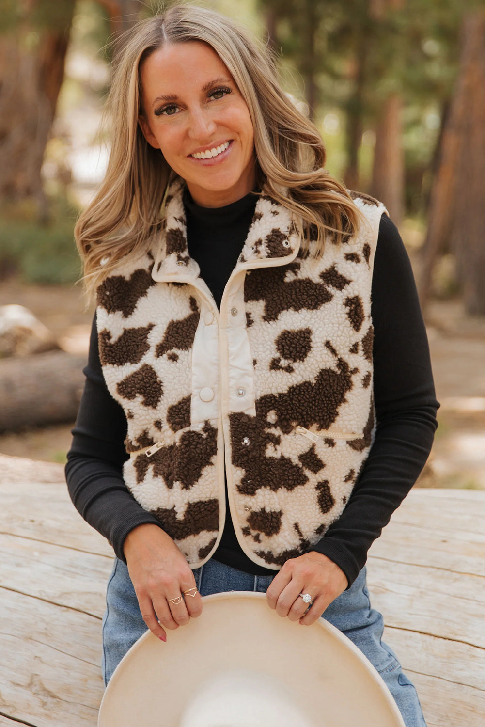 Brown Western Cow Spots Snap Button Sherpa Vest