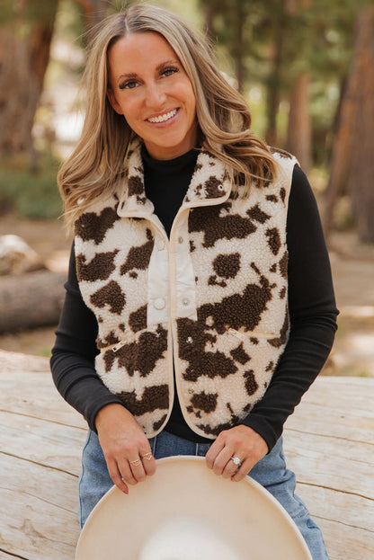 Brown Western Cow Spots Snap Button Sherpa Vest