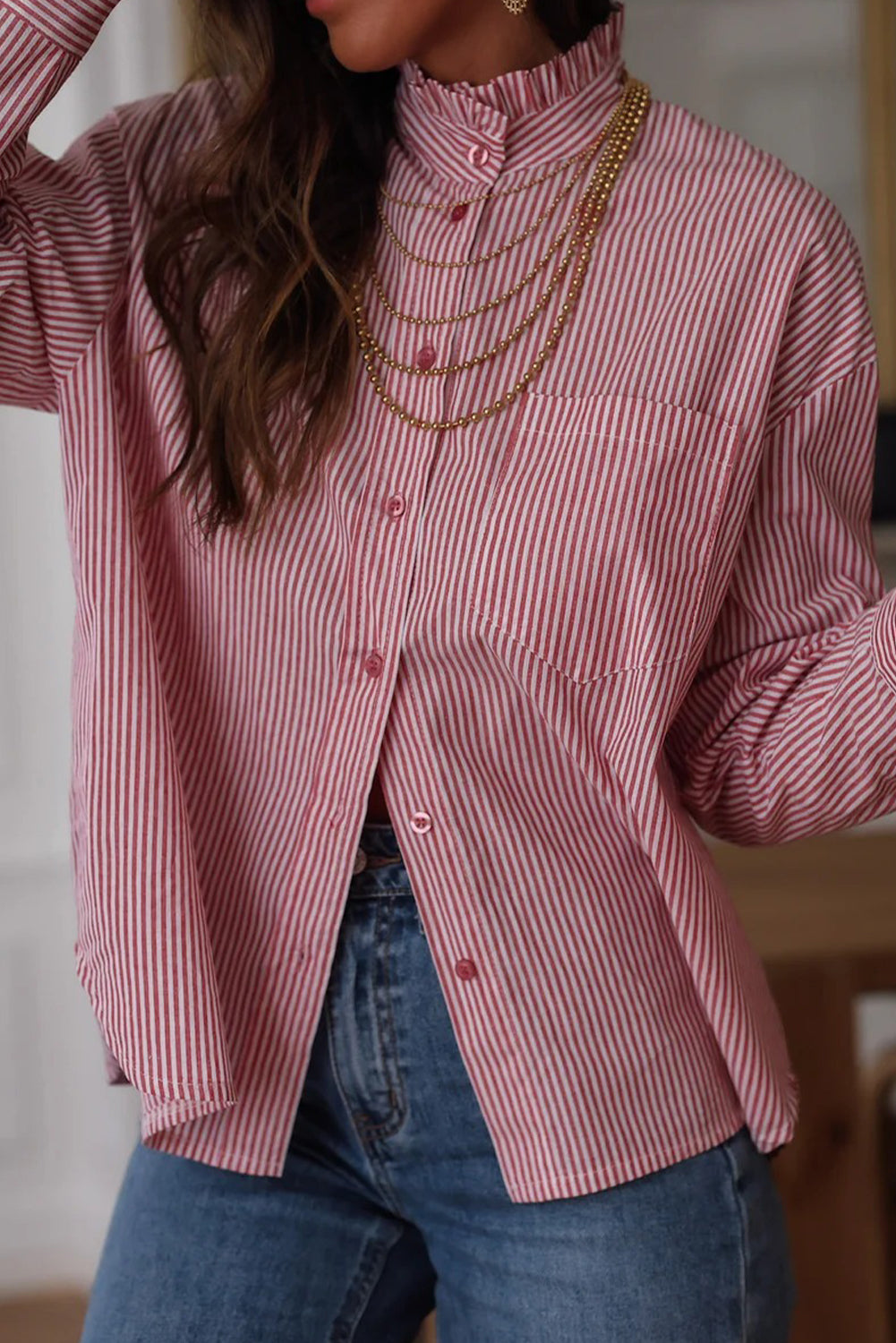 Pink Stripe Frilled Collar Button Down Single Chest Pocket Loose Shirt
