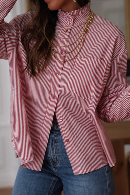 Pink Stripe Frilled Collar Button Down Single Chest Pocket Loose Shirt