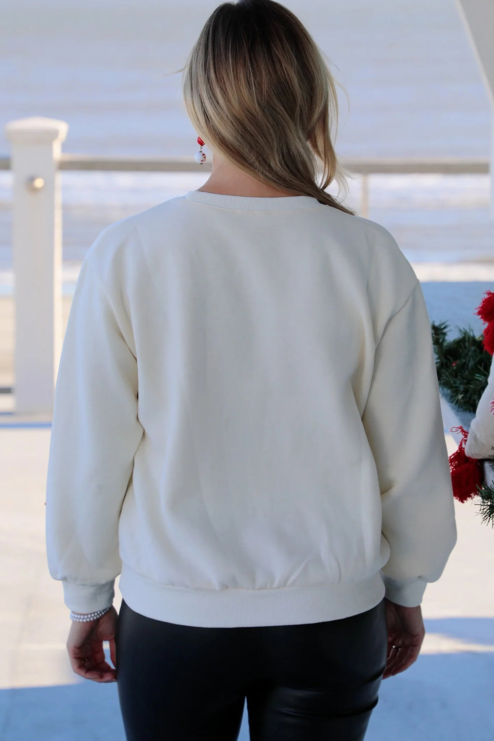 White Sequin Trim Plaid Bow Drop Shoulder Sweatshirt
