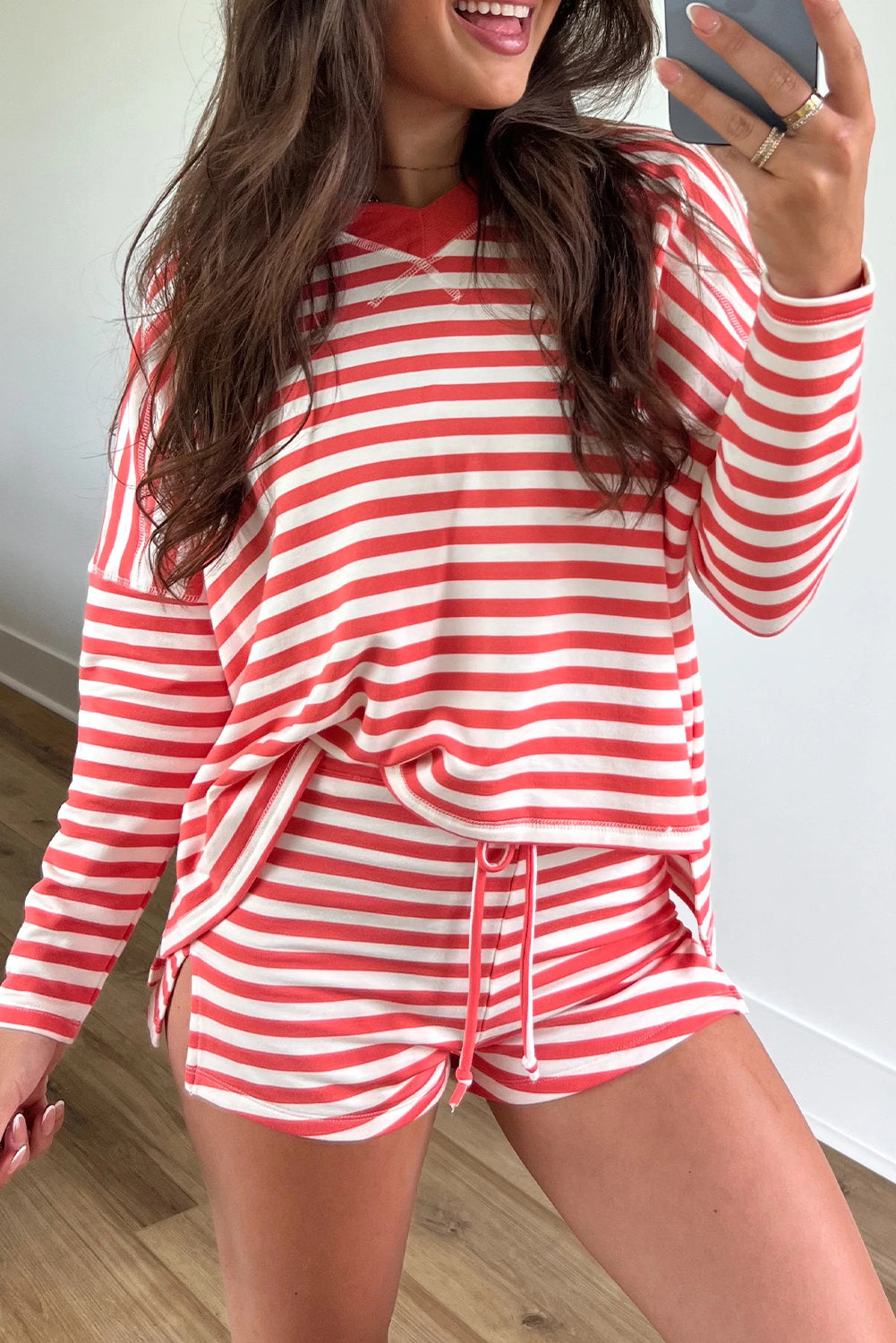 Red Stripe V Neck Long Sleeve Top Side Split Shorts 2pcs Lounge Set