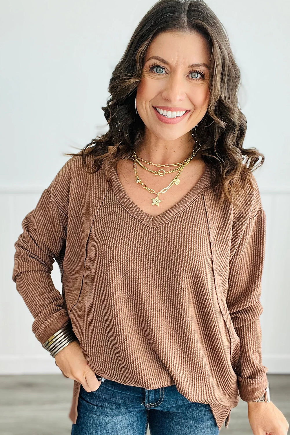 Chestnut Twisted Ribbed Exposed Seam V Neck Long Sleeve Top