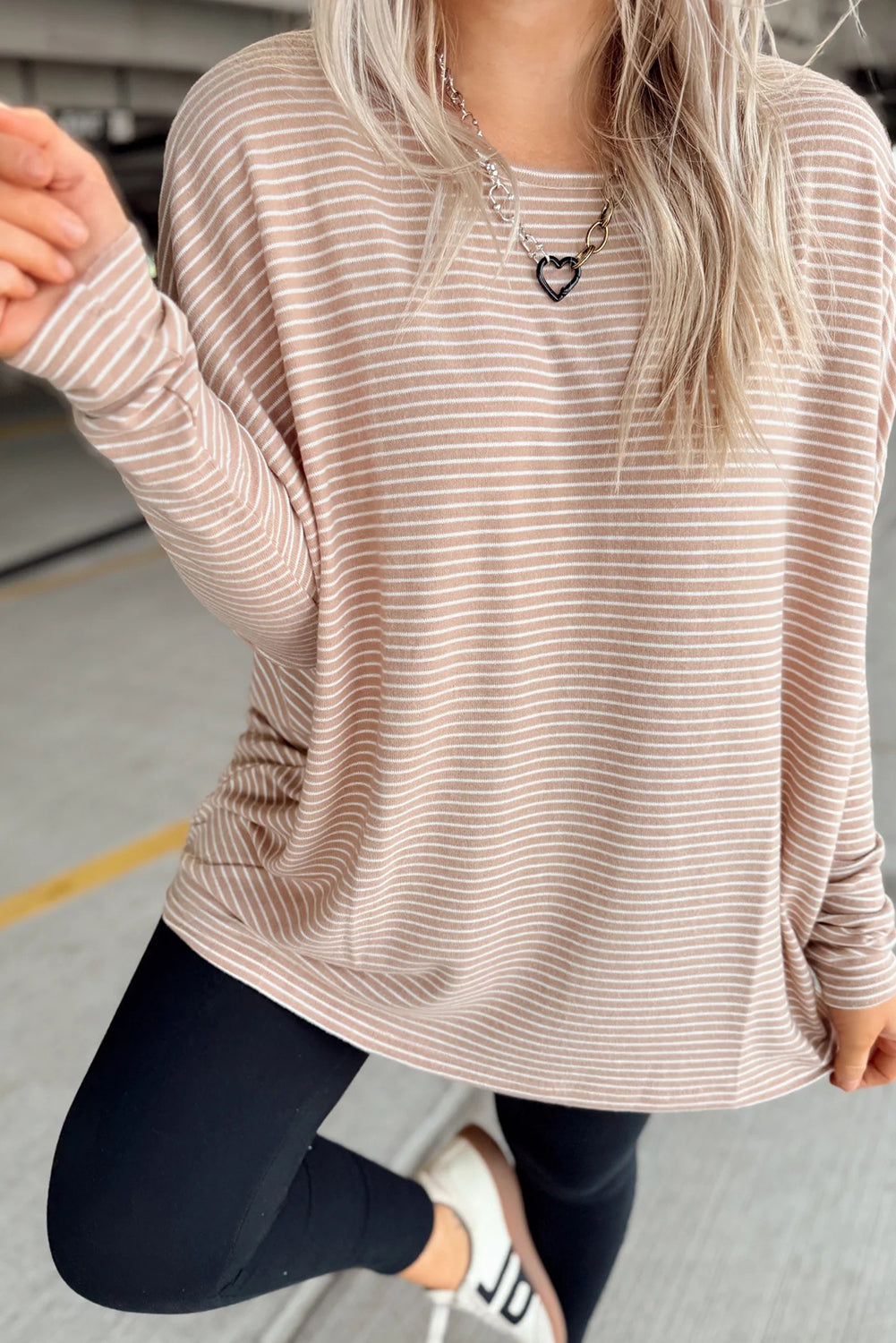 Khaki Stripe Round Neck Dolman Long Sleeve Top