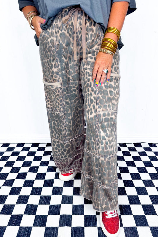 Khaki Plus Size Leopard Print Raw Edge Patch Pocket Drawstring Loose Pants