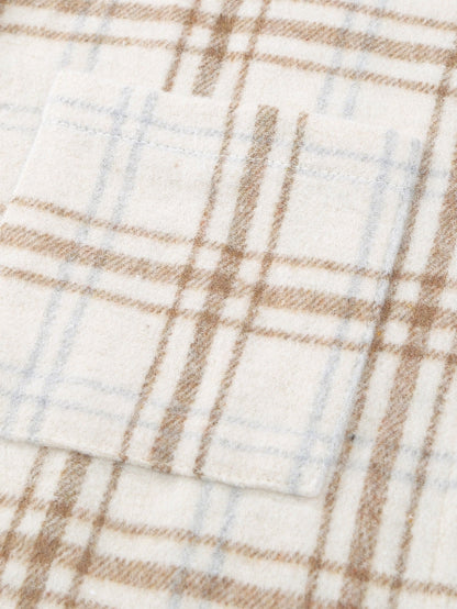 Khaki Plaid Button-Up Shirt Jacket with Side Slits