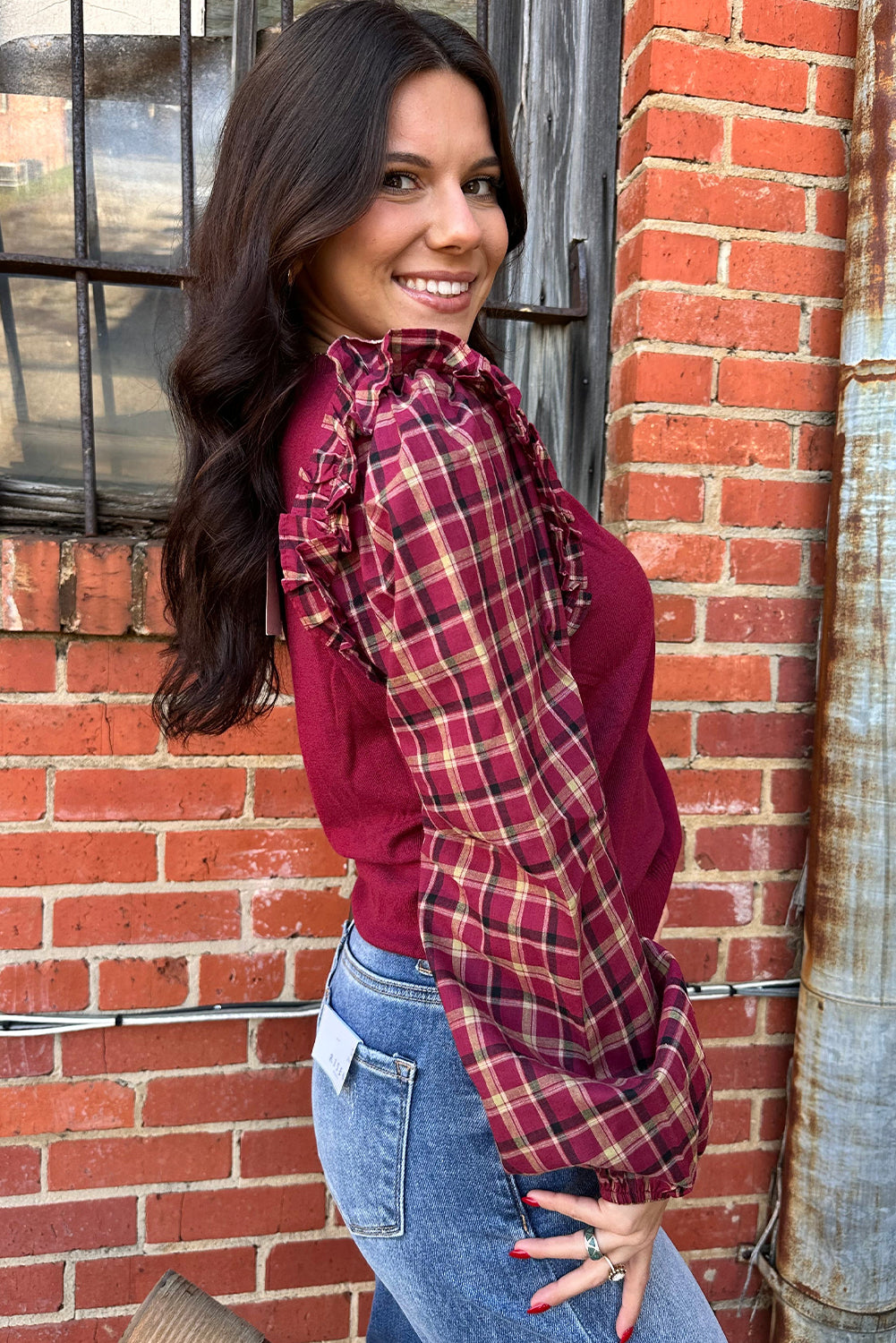 Red Dahlia Plaid Ruffled Puff Sleeve Patchwork Crew Neck Sweater