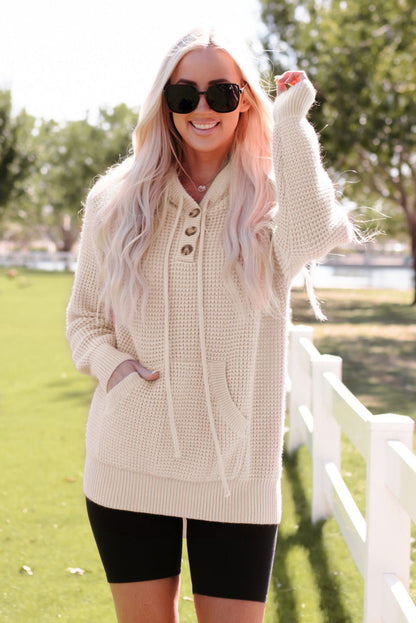 Apricot Hooded Waffle Knit Sweater with Button-Up Front Pocket
