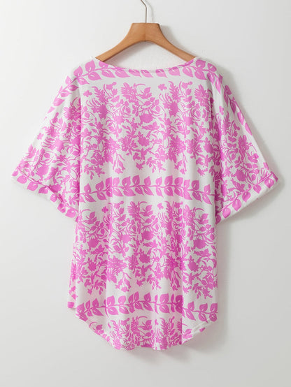 White Floral Printed Round Neck Plus Size Summer Tee