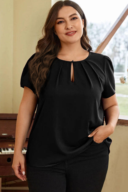 Chic Black Keyhole Pleated Plus Size T-Shirt