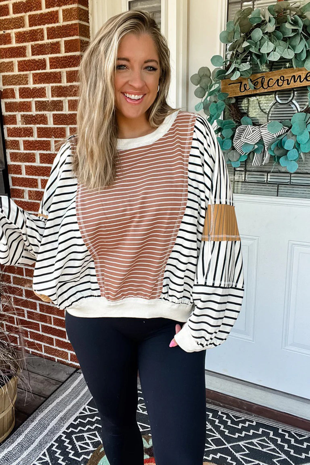Pink Striped Color Block Patchwork Exposed Seam Oversize Long Sleeve Top