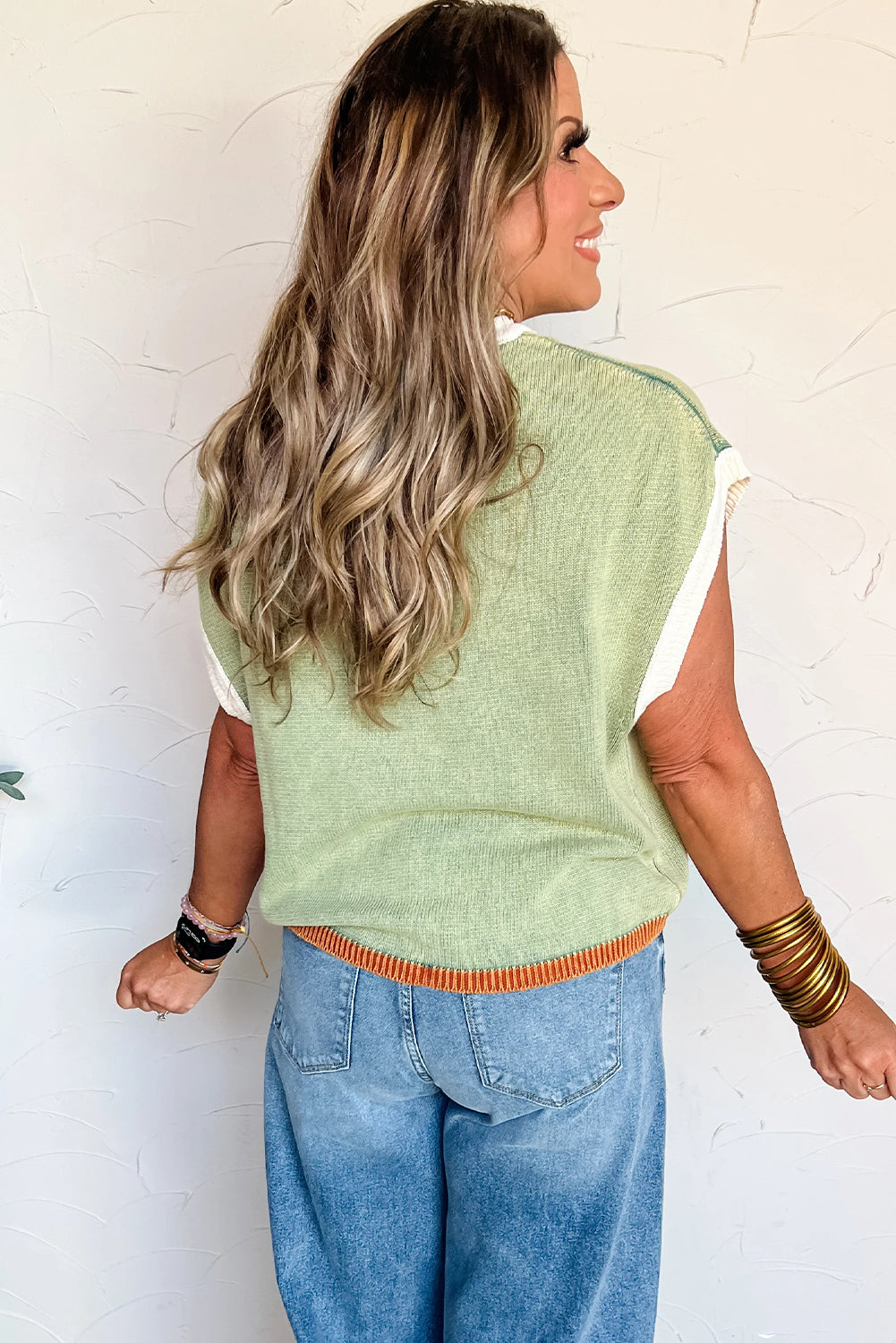 Grass Green Contrast Trim Patchwork Colorblock Loose Short Sleeve Sweater Top