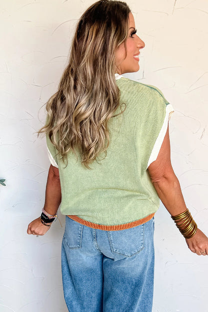 Grass Green Contrast Trim Patchwork Colorblock Loose Short Sleeve Sweater Top