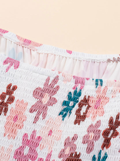 Floral Print Smocked Off Shoulder Plus Size Midi Dress in White