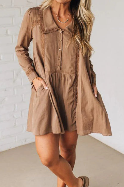 Straw Yellow Lace Trim Peter Pan Collar Long Sleeve Mini Shirt Dress