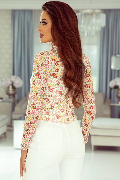 Floral Print Lettuce Hem Long Sleeve Top with Multicolor Design