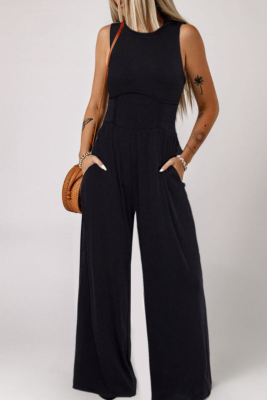 Chic Black Wide Leg Jumpsuit with Cinched Waist