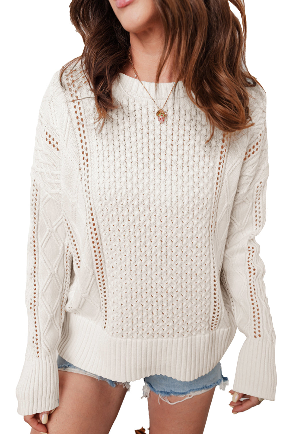 White Mix Texture Knit Eyelet Detail Casual Sweater