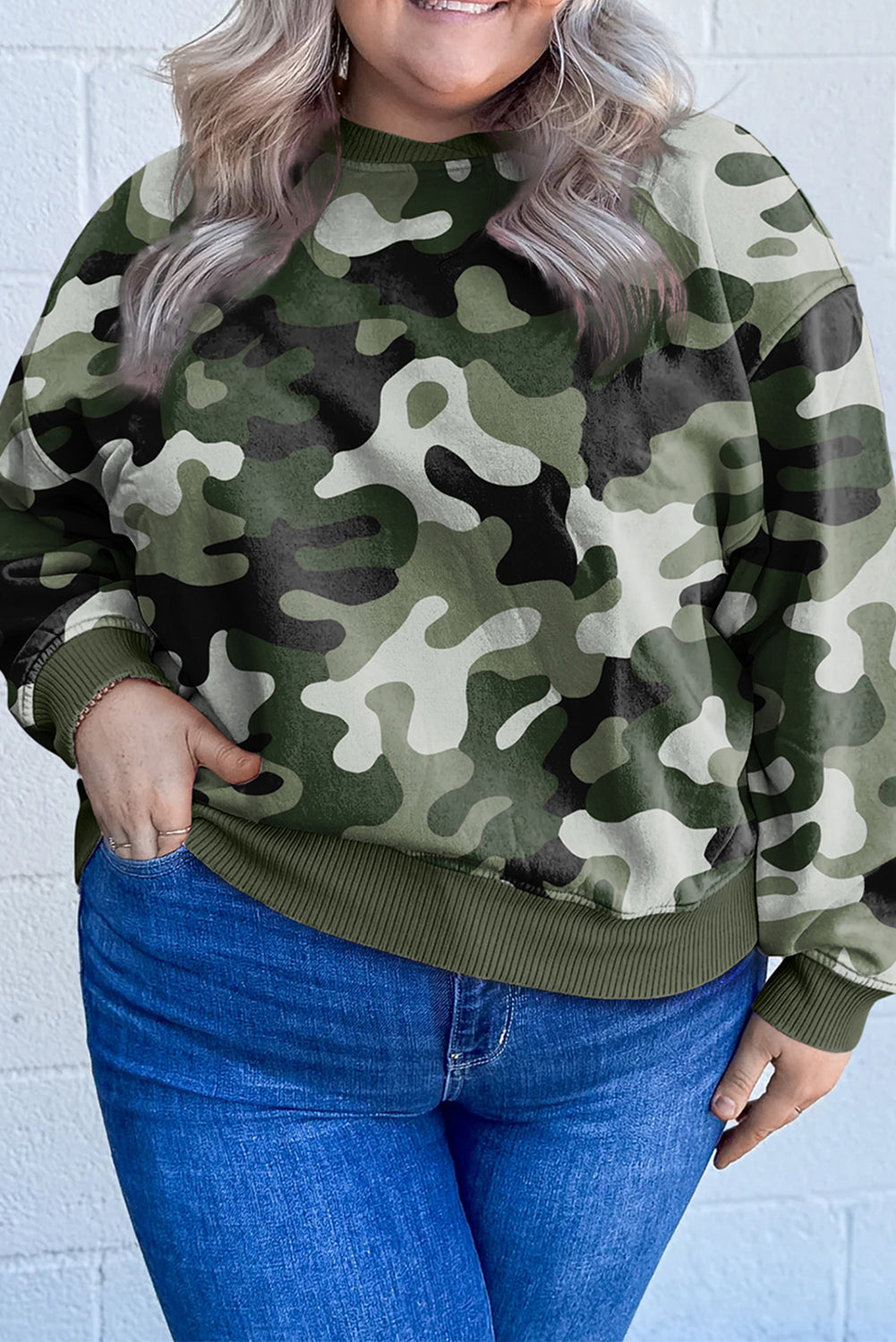 Green Camo Print Ribbed Trim Plus Sweatshirt