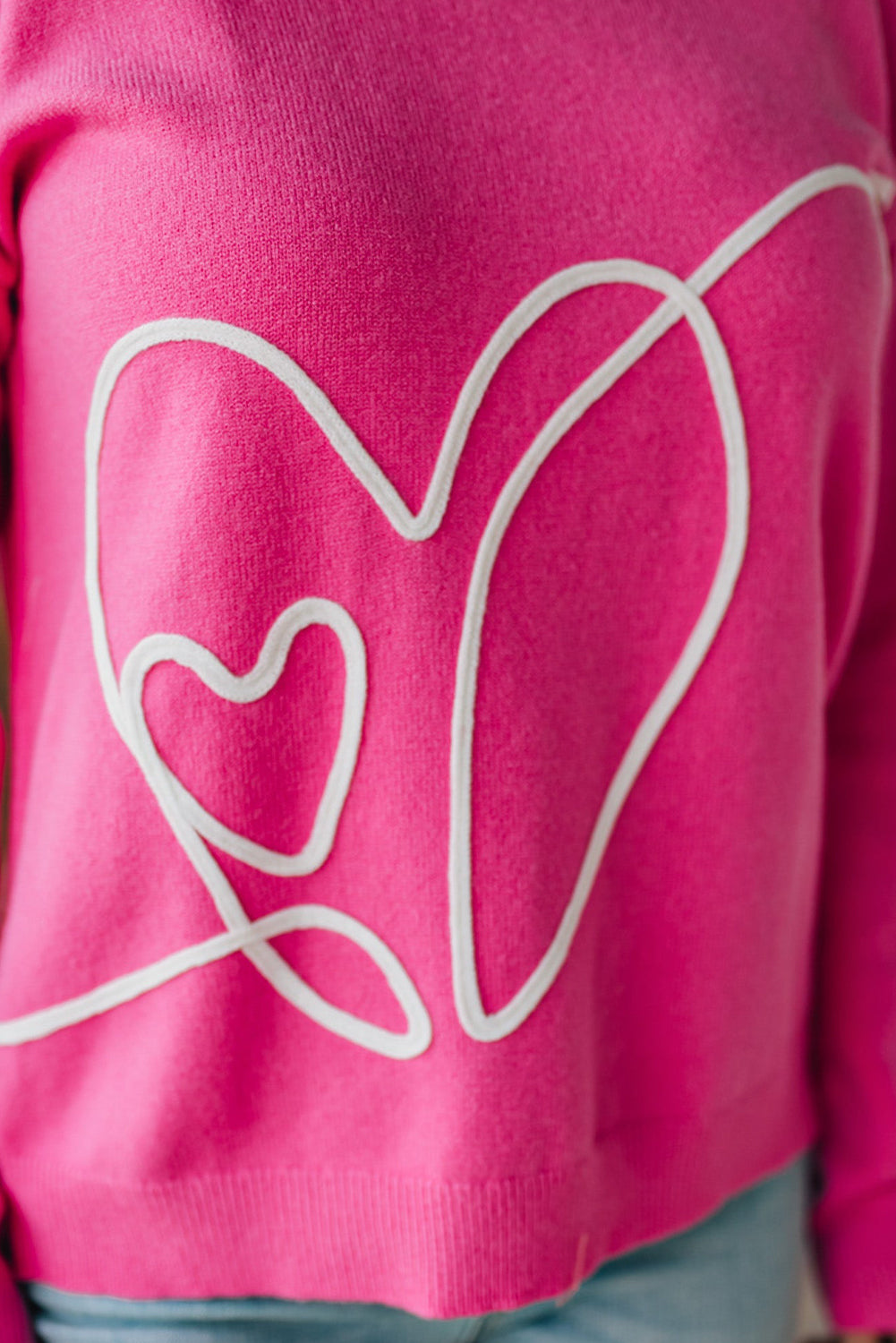 Heart Embroidered Ribbed Edge Crew Neck Sweater