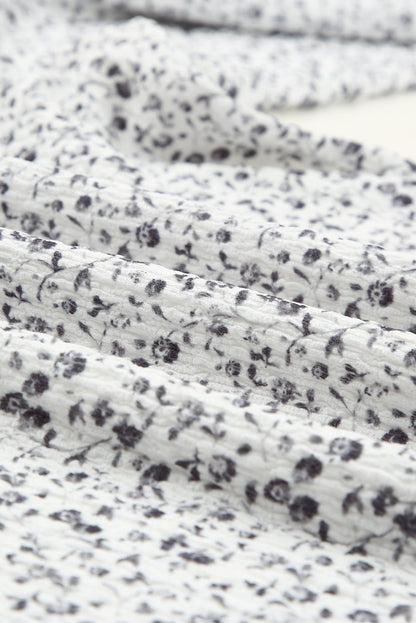 Floral Print Bubble Sleeve Black Blouse with Crinkle Texture