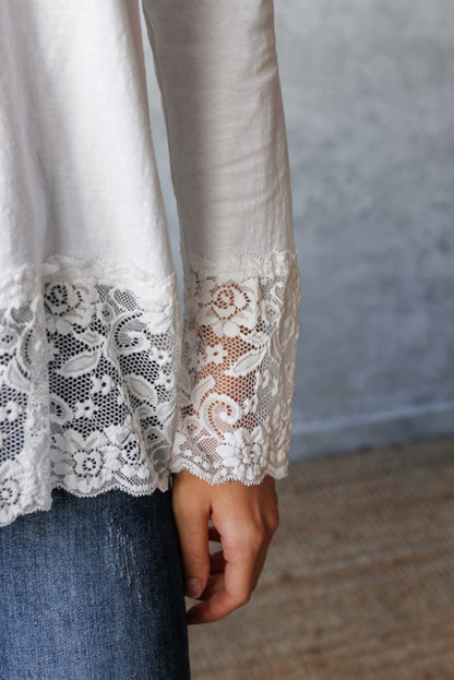 White Lace Trim V Neck Cuffed Long Sleeve Loose Top