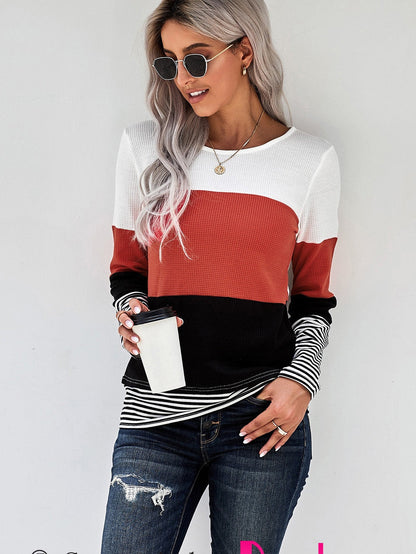 Fashionable Striped Colorblock Top with Long Sleeves