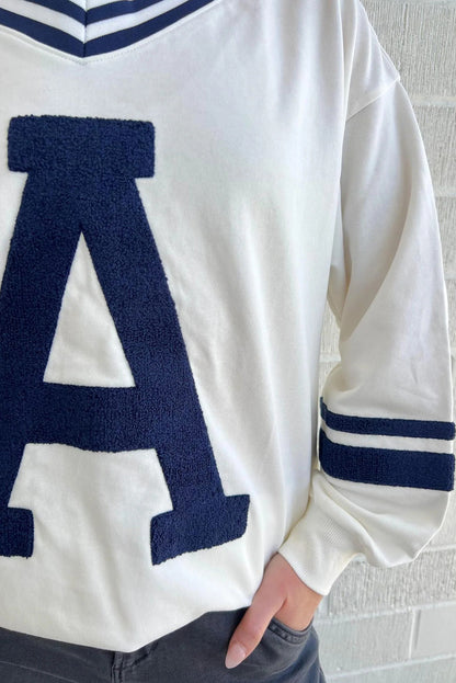 Sail Blue Chenille Letter A Graphic Varsity Striped V Neck Puff Sleeve Sweatshirt