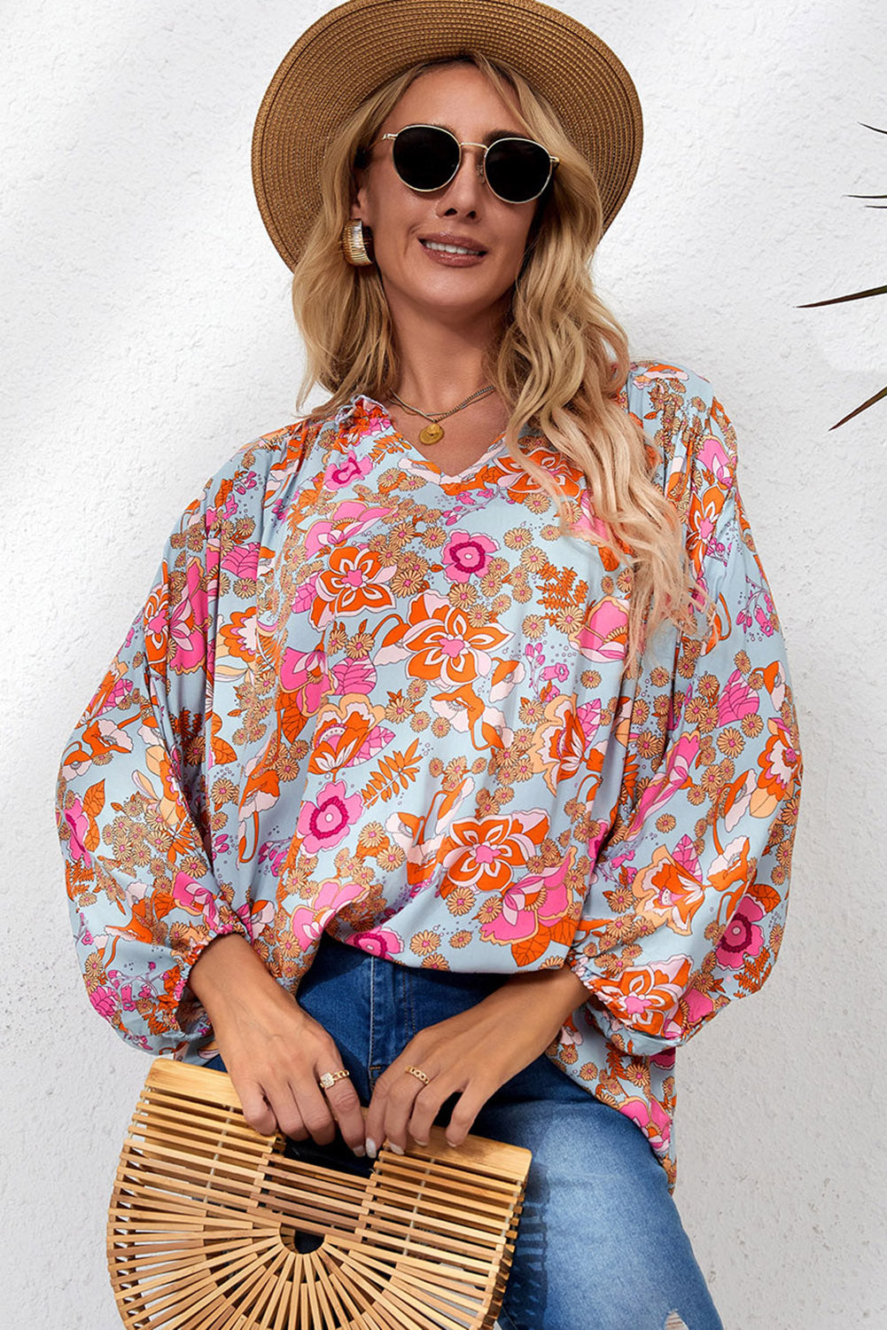 Elegant Floral Ruched V Neck Bohemian Blouse