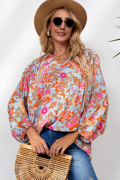 Elegant Floral Ruched V Neck Bohemian Blouse