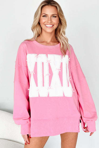 Pink Bow Sequin XOXO Letter Graphic Exposed Seam Baggy Sweatshirt
